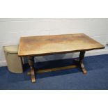 AN OAK REFECTORY TABLE, width 156cm x depth 84cm x height 74cm (sd) and a Lloyd loom corner linen