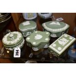 FIVE WEDGWOOD GREEN JASPERWARE TRINKET BOXES, various shapes