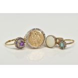 FOUR 9CT GOLD RINGS, to include a St.Christopher medallion ring, with a brilliant cut diamond