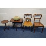 AN EDWARDIAN MAHOGANY SUTHERLAND TABLE, together with two Victorian chairs, a needle work circular