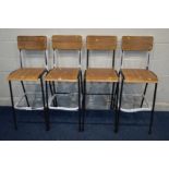 A SET OF FOUR MODERN METAL BAR STOOLS, with plywood seats and back (s.d. to seat)