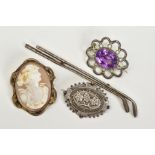FOUR BROOCHES, to include an oval Victorian white metal brooch embossed with grape vine detailing,