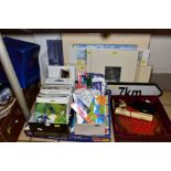 A QUANTITY OF GAMES, NOVELTY ITEMS, PRINTS, CERAMICS, IN TWO CASES, FIVE BOXES AND LOOSE, etc,