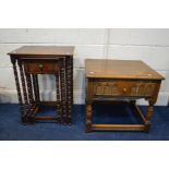 A MID 20TH CENTURY OAK NEST OF THREE TABLES with a single drawer on bobbin turned supports