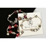 THREE RHONA SUTTON CHARM BRACELETS, each with a box chain bracelet stamped 925, suspending charms