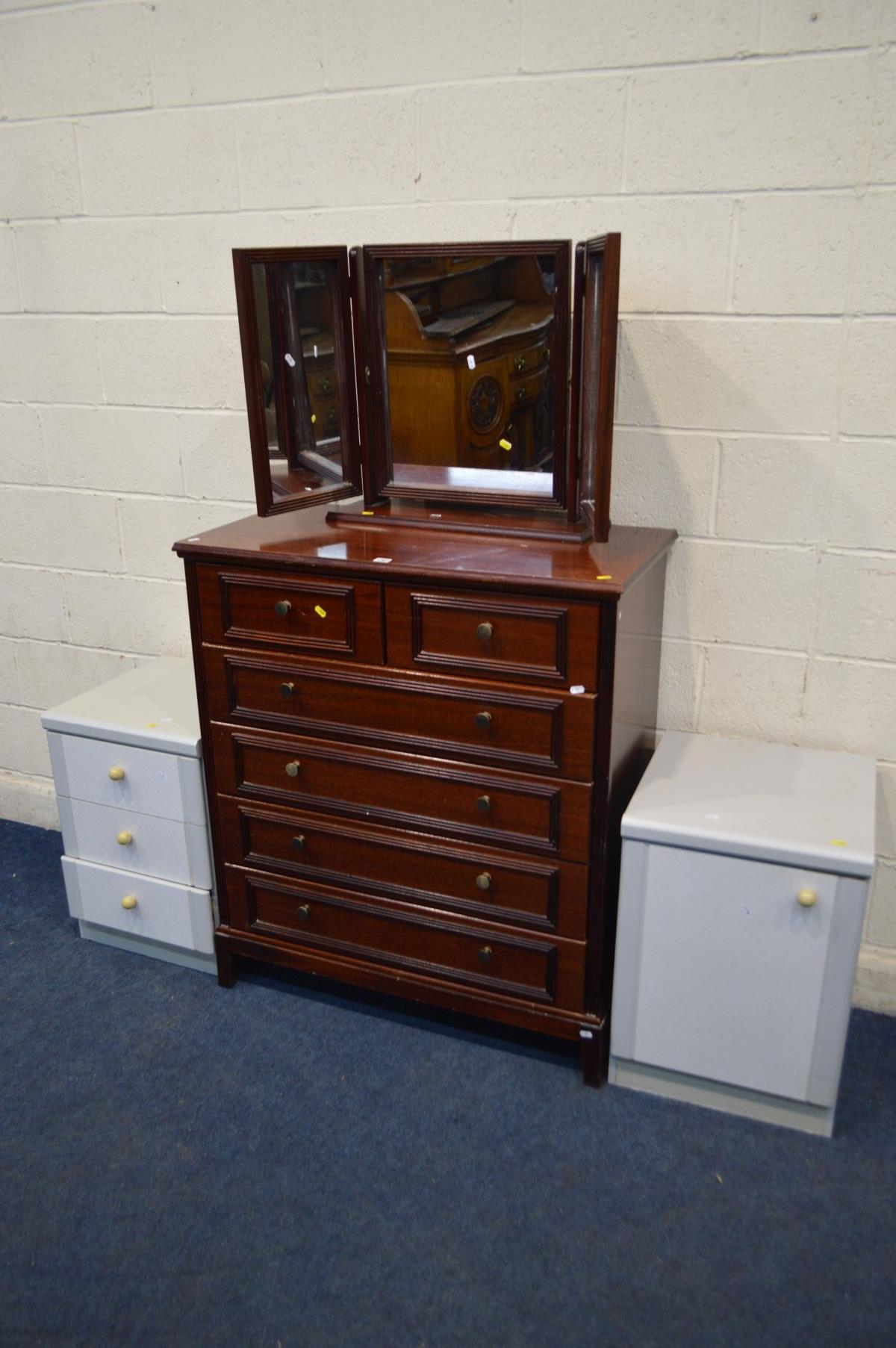 A MODERN MAHOGANY CHEST OF TWO SHORT OVER FOUR LONG DRAWERS, with a seperate triple mirror, together