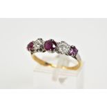 A YELLOW METAL RUBY AND DIAMOND FIVE STONE RING, designed with three circular cut rubies,