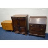 A REPRODUCTION OAK TWO DOOR TV CABINET, width 83cm x depth 47cm x height 107cm together with a