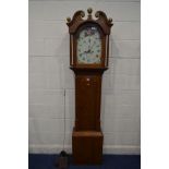 A GEORGE III OAK LONGCASE CLOCK, the hood with a swan neck, brass finials and roundels, the arched