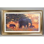 ROLF HARRIS (AUSTRALIA 1930) 'BACKLIT GOLD', a limited edition delux canvas print of elephants 17/