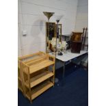 A PAIR OF MODERN BEECH FOLDING THREE TIER BOOKCASES, together with seven various table/standard