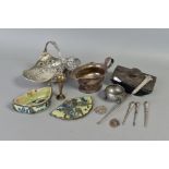 A BOX OF SILVER, WHITE METAL, PEWTER AND SILVER PLATE, etc, including a Chinese porcelain fan shaped