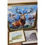 A FRAMED WOOLWORK PICTURE OF A STAG AFTER LANDSEERS MONARCH OF THE GLEN, approximate size 75cm x