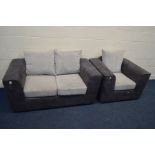 A CHARCOAL FAUX SUEDE AND LIGHT GREY TWO PIECE LOUNGE SUITE, comprising a two seater settee and