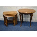 A SOLID OAK NEST OF THREE TABLES, together with an circular occasional table (2)