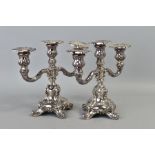 A PAIR OF 20TH CENTURY GERMAN STERLING SILVER THREE BRANCH CANDELABRA, of Victorian style with