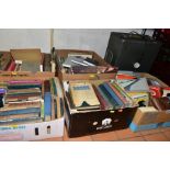 SEVEN BOXES OF BOOKS, VINTAGE CAMERAS, STEREO FOUR TRACK TAPES, etc including a Ferrograph tape