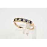 A 9CT GOLD SAPPHIRE AND DIAMOND HALF HOOP RING, set with a row of single cut diamonds interspaced