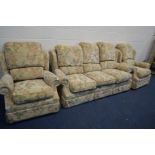 A G PLAN CREAM FLORAL THREE PIECE LOUNGE SUITE, comprising a three seater settee and a pair of