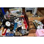 THREE BOXES AND LOOSE SUNDRY ITEMS, to include gilt metal photo frames, silver plated items,