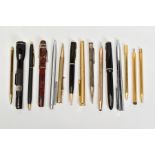 A SELECTION OF PENS AND PENCILS, to include eleven pens such as a black Parker victory fountain pen,