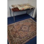 A LATE 20TH CENTURY WOOLLEN PINK GROUND RUG, together with six various tapestry cushions and a small