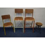 A PAIR OF MODERN METAL BAR STOOLS, of two colours with plywood seat and backs, together with a