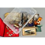 A BOX OF ITEMS, to include a floral engraved hinged silver bangle, hallmarked Birmingham 1960, a