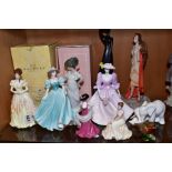 A GROUP OF ORNAMENTS, to include six Coalport figures, boxed 'Karen' (figure of the year 1996 with