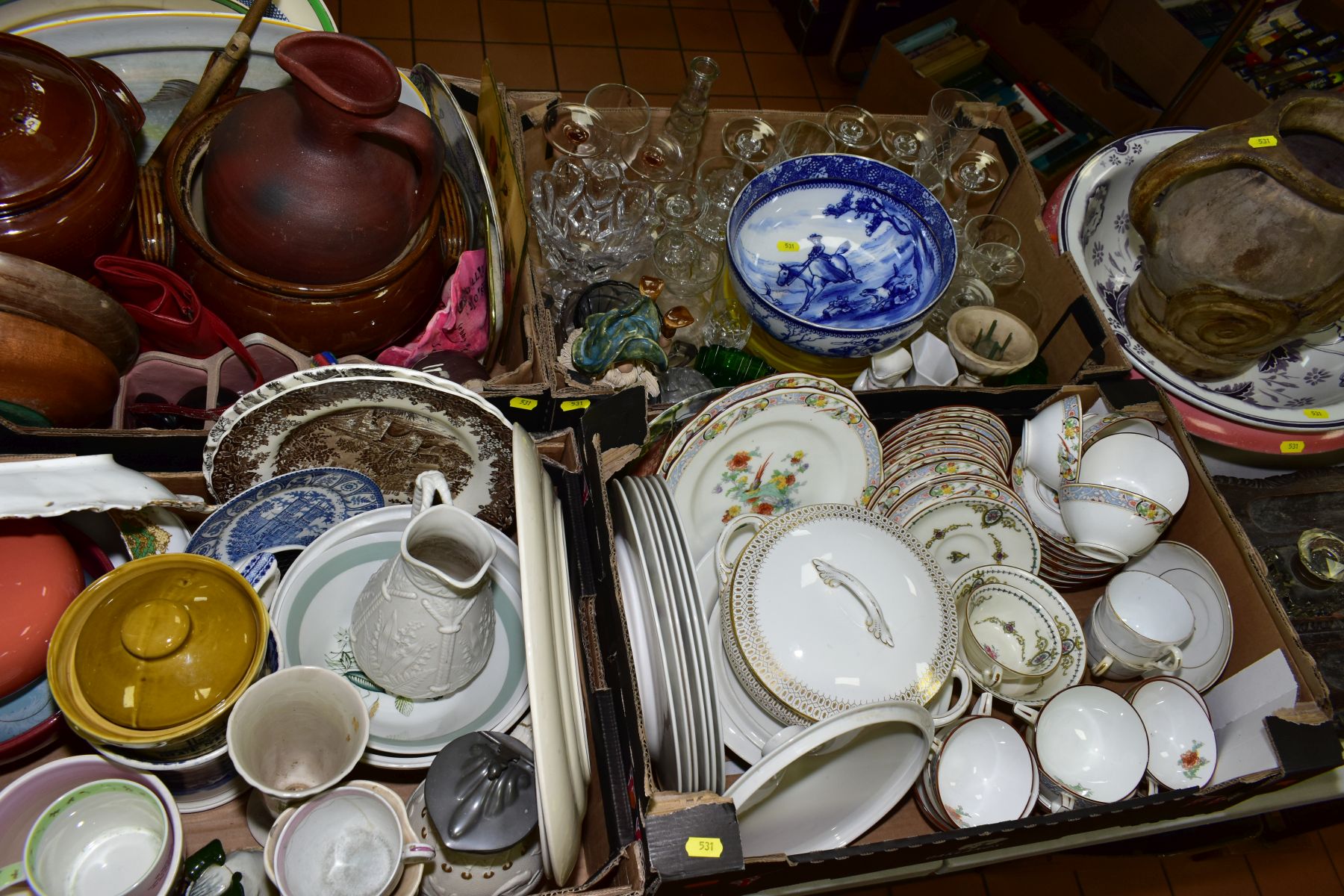 FOUR BOXES AND LOOSE OF CERAMICS AND GLASSWARE, etc, including Mintons tea wares printed with exotic