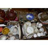 FOUR BOXES AND LOOSE OF CERAMICS AND GLASSWARE, etc, including Mintons tea wares printed with exotic