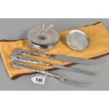 AN ELIZABETH II SILVER HANDLED KINGS PATTERN THREE PIECE CARVING SET, makers Harrison Brothers,