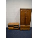 A MODERN PINE TWO DOOR WARDROBE above two long drawers, width 93cm x depth 58cm x height 183cm