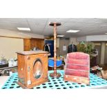 AN EARLY 20TH CENTURY OAK SMOKERS CABINET, ASHTRAY ON STAND AND OAK LETTER RACK, height of the