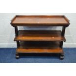 A VICTORIAN WALNUT RECTANGULAR THREE DUMB WAITER, with a gallery top, each tier with two foliate