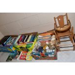 A BOX AND LOOSE CHILDREN'S ITEMS, to include doll's high chair, two dolls, Sooty hand puppet,