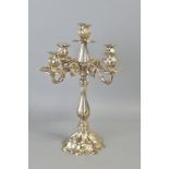 A 20TH CENTURY STERLING SILVER CANDELABRUM, believed Maltese, wavy rims above lobed drip pans,