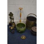 A QUANTITY OF MISCELLANEOUS, to include a brass fire iron set, coal bucket, jam pan, etc, together