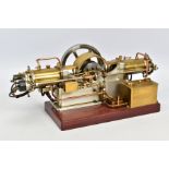 A HANDBUILT MODEL HORIZONTAL TWIN CYLINDER STATIONARY ENGINE, cylinder flanking central flywheel (