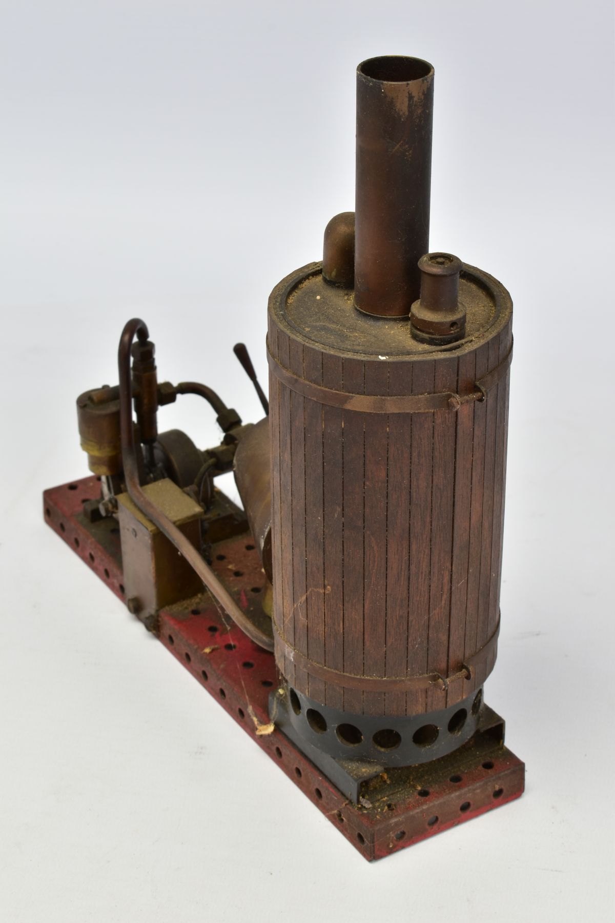 A VERTICAL SINGLE CYLINDER LIVE STEAM ENGINE, not tested, spirit fired, vertical wooden clad - Image 2 of 4