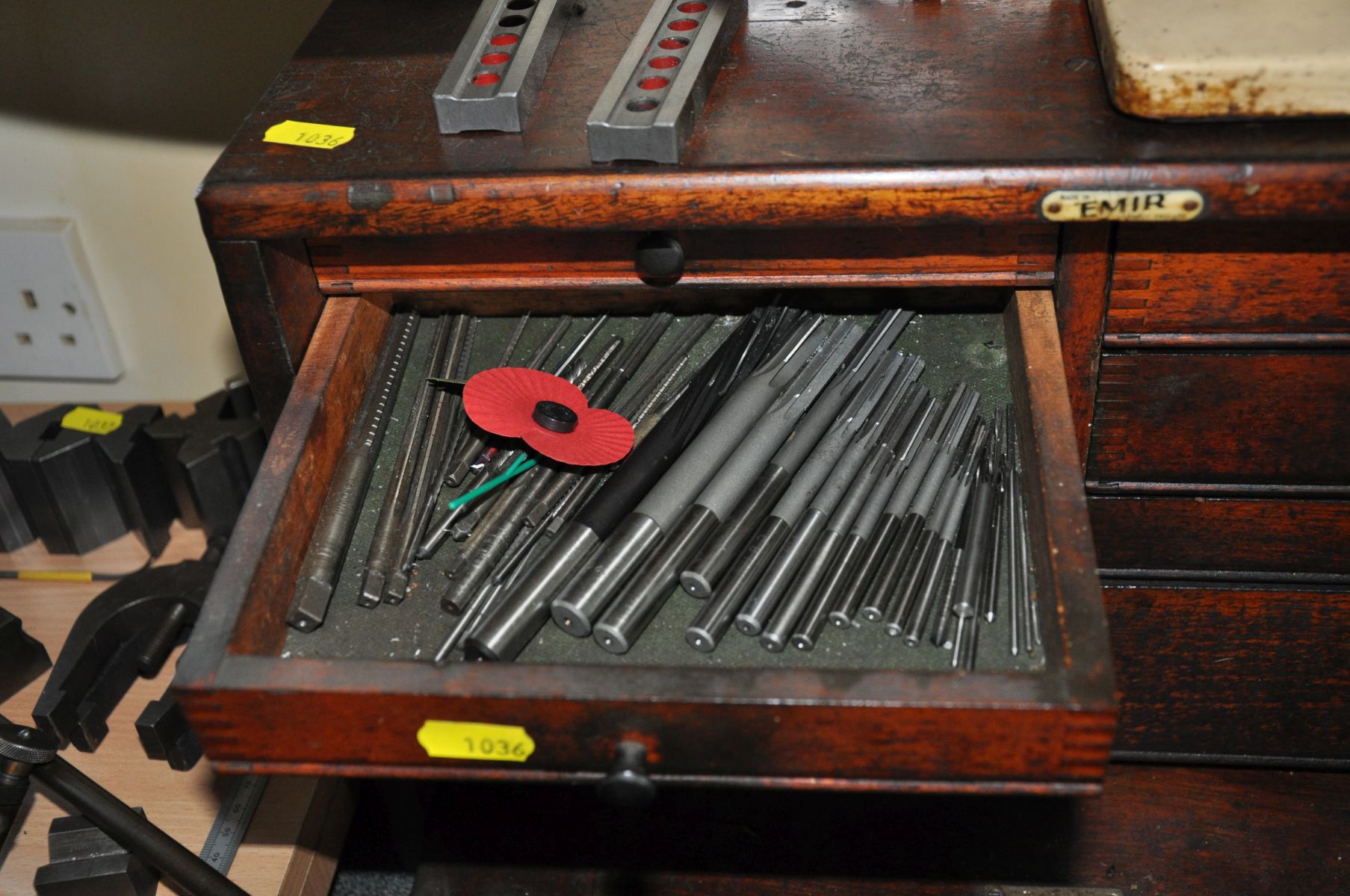 AN EMIR VINTAGE ENGINEERS CHEST SEVEN DRAWERS, containing reamers, taps, dies, micrometers and other - Image 3 of 7