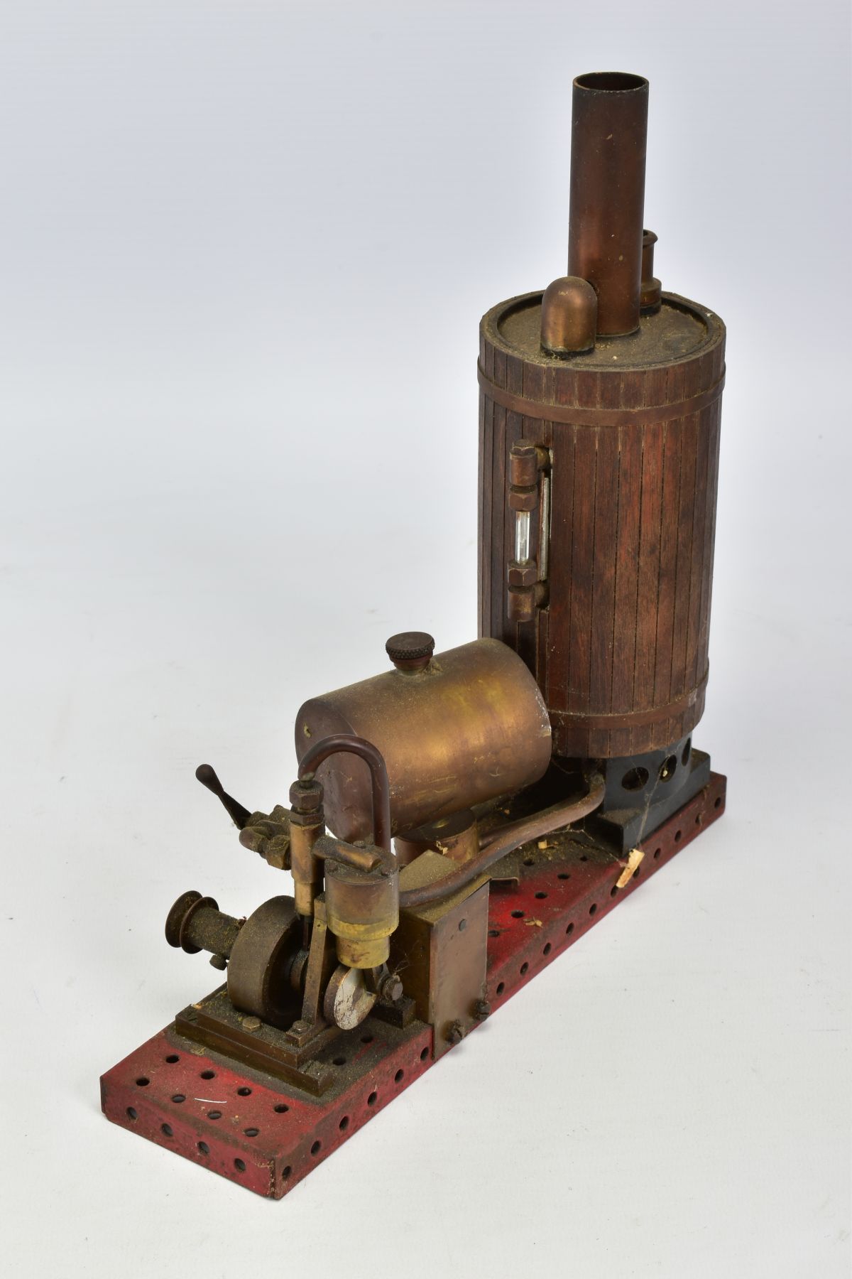 A VERTICAL SINGLE CYLINDER LIVE STEAM ENGINE, not tested, spirit fired, vertical wooden clad - Image 3 of 4