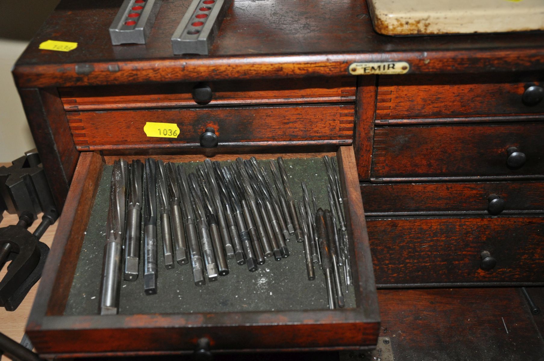 AN EMIR VINTAGE ENGINEERS CHEST SEVEN DRAWERS, containing reamers, taps, dies, micrometers and other - Image 4 of 7