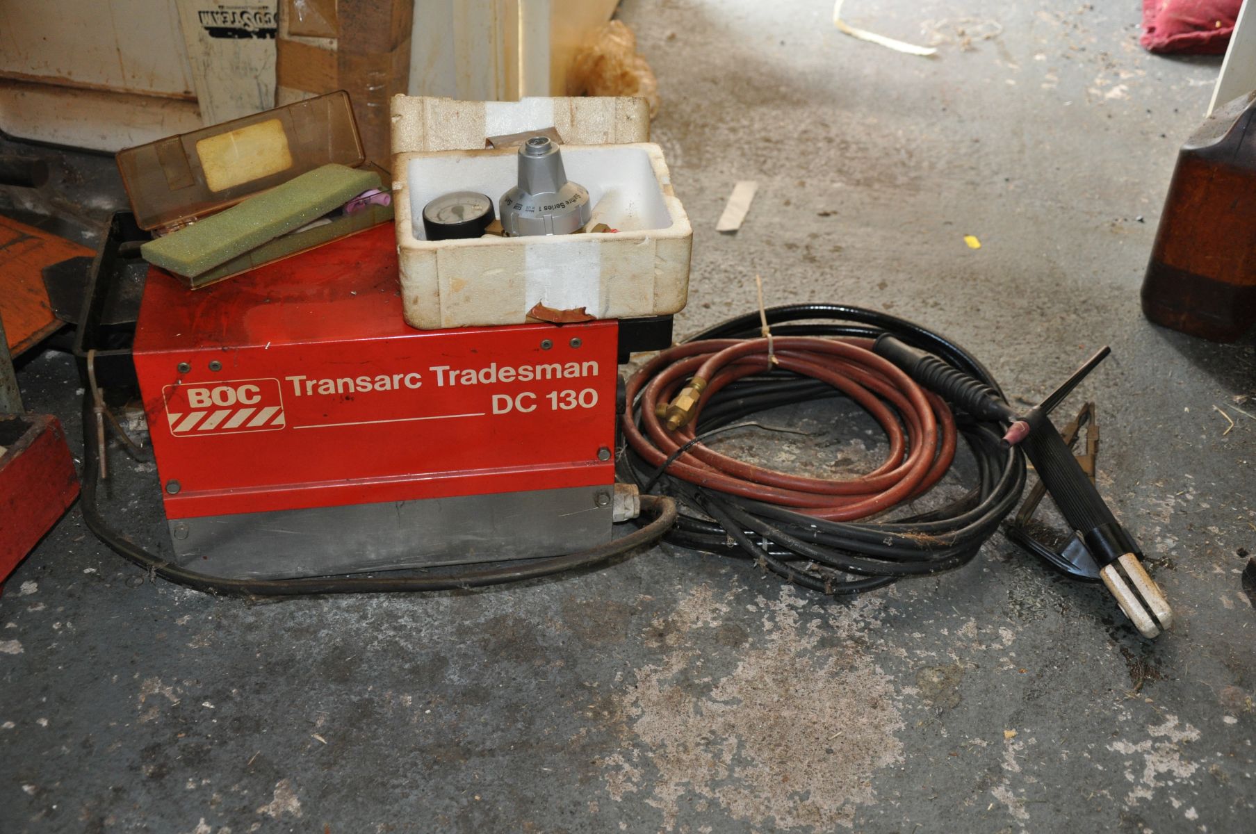 A BOC DC130 TRANS ARC WELDING PLANT, with stick and TIG guns, regulator and other accessories