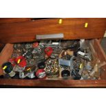 THE CONTENTS OF A DRAWER FULL OF ENGINEERING CONSUMABLES, nuts bolts, brass fittings, and three