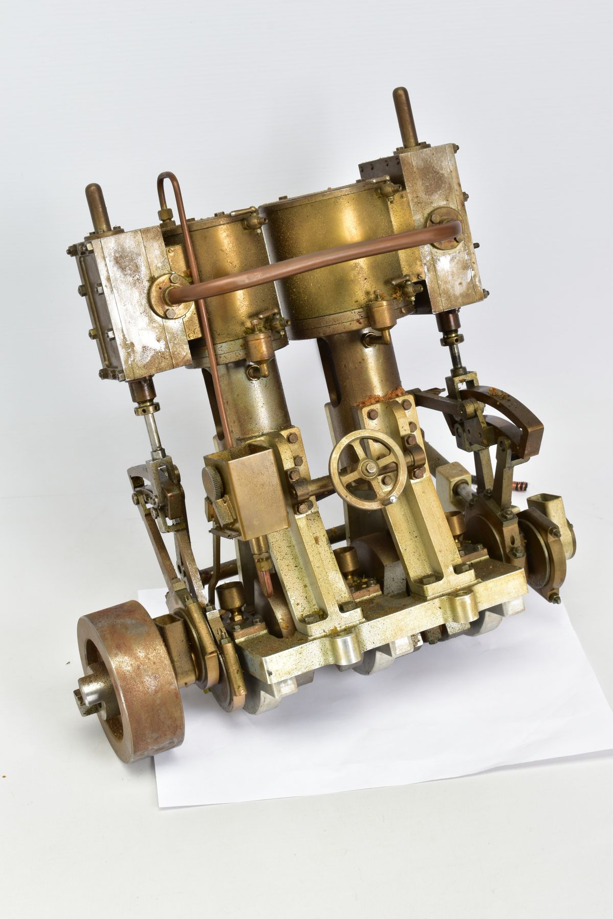 A HANDBUILT MODEL VERTICAL TWIN CYLINDER MARINE ENGINE, not tested, in need of some minor attention,