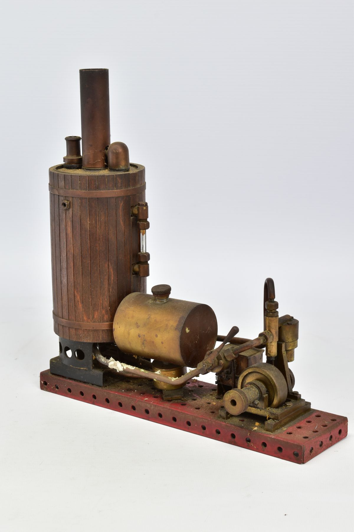 A VERTICAL SINGLE CYLINDER LIVE STEAM ENGINE, not tested, spirit fired, vertical wooden clad - Image 4 of 4