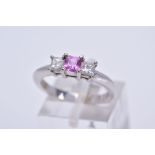 A MODERN 18CT WHITE GOLD PINK SAPPHIRE AND DIAMOND THREE STONE RING, a square cut pink sapphire