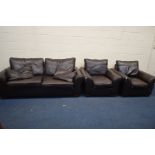 A DARK BROWN LEATHER THREE PIECE LOUNGE SUITE, comprising a two seater settee, width 210cm, and a