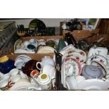 SIX BOXES OF CERAMICS, KITCHEN RELATED ITEMS, PANS ETC, to include various pieces of different